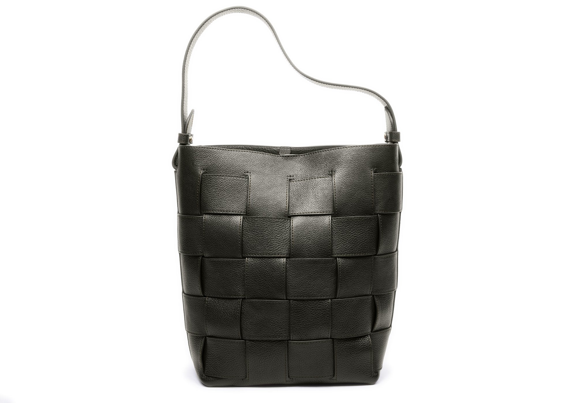 Woven Leather Bucket Shoulder Bag Olive