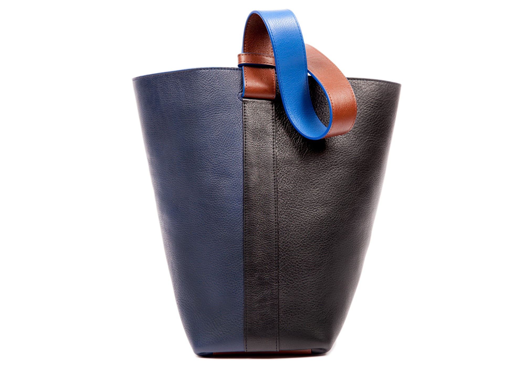 Leather Bucket Shoulder Bag Black-Indigo